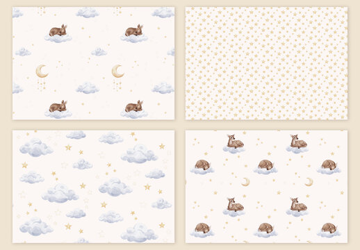 Watercolor seamless baby patterns set with sleeping deer on clouds and stars, editable PSDT design for gender neutral nursery and surface design