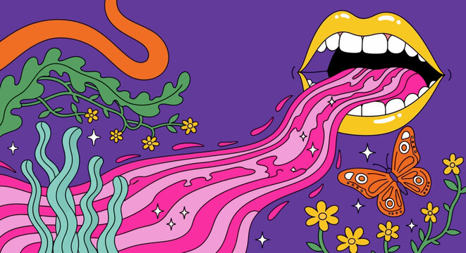 Vibrant, psychedelic illustration, colorful mouth, floral pattern, abstract art