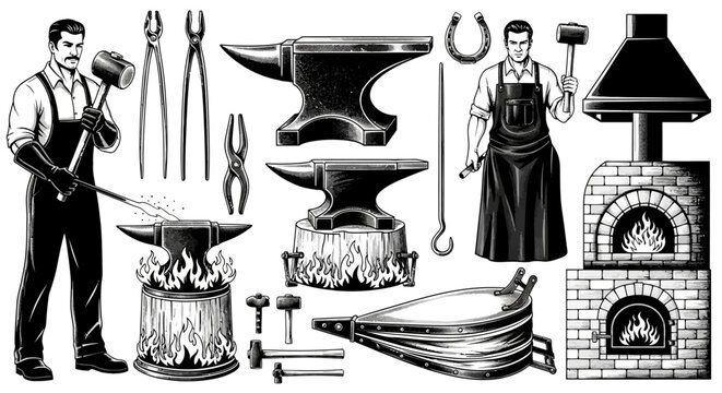 Blacksmithing tools, vintage metalwork equipment, 20 vector icons, industrial workshop supplies, black and white