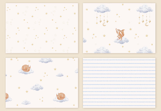 Watercolor seamless baby textile patterns with squirrel on clouds, stars and moon, editable PSDT templates for gender neutral nursery and surface design