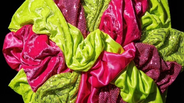 Crumpled magenta and lime green velvet and sequin fabrics. The bright colors and varied textures create a festive and energetic mood. Perfect for fashion, party, or abstract backgrounds.
