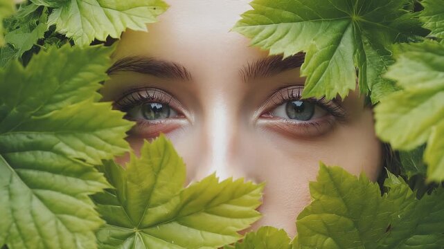 Captivating Portrait of Woman's Eyes Framed by Vibrant Green Leaves - Natural Beauty and Serene Gaze