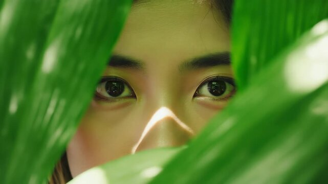 Curious Woman Peeking Through Lush Green Leaves &ndash; Intimate Portrait with Intense Gaze and Nature Theme