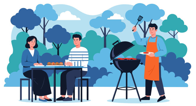 Outdoor picnic, barbecue, summer fun, people illustration, vector graphics
