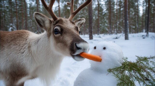A reindeer eats a carrot from a snowman in a winter forest. Winter scene: a reindeer and a snowman among snow-covered trees.