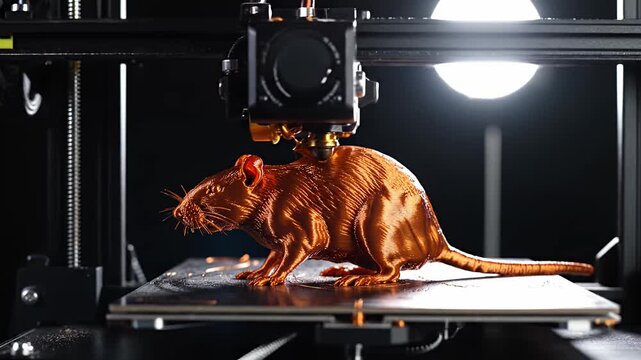 3D printer creating golden plastic rat animal figurine.