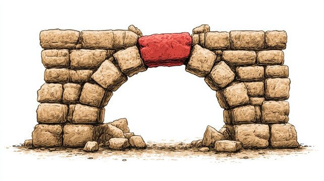 An arch bridge with a central stone highlighted in red. Removing this key stone leads to collapse of the arch.