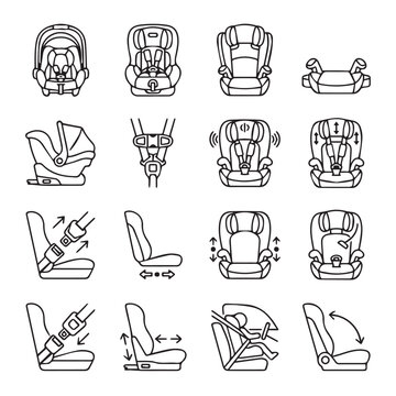 Child safety seats icons illustrating different features and installation methods on a white background