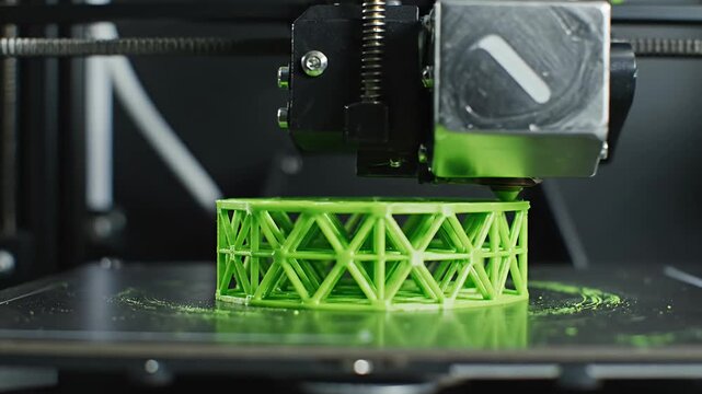 3D printer nozzle depositing green plastic lattice structure.