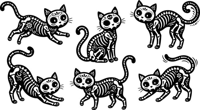 Halloween vector collection black cat skeletons with sugar skull designs for spooky season graphics