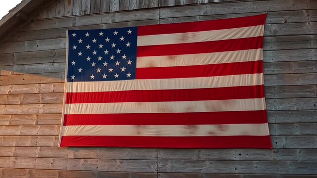 Patriotic American flag displayed on rustic wooden barn wall at sunset