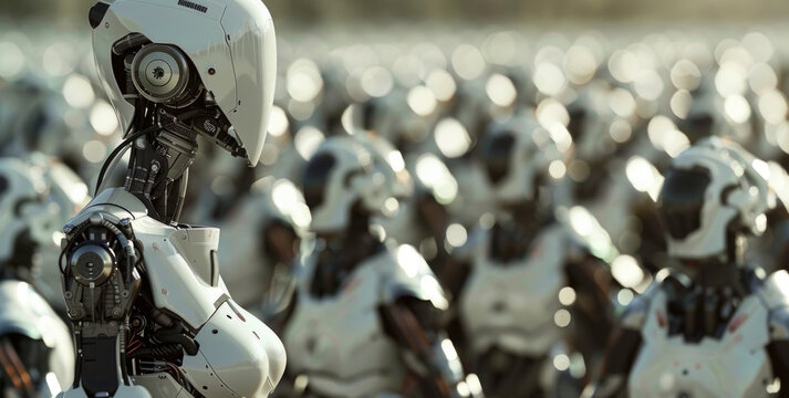 Humanoid robot standing in front of an army