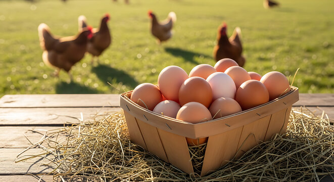 A basket of eggs sits on hay in a farm yard with chickens roaming freely in the background.