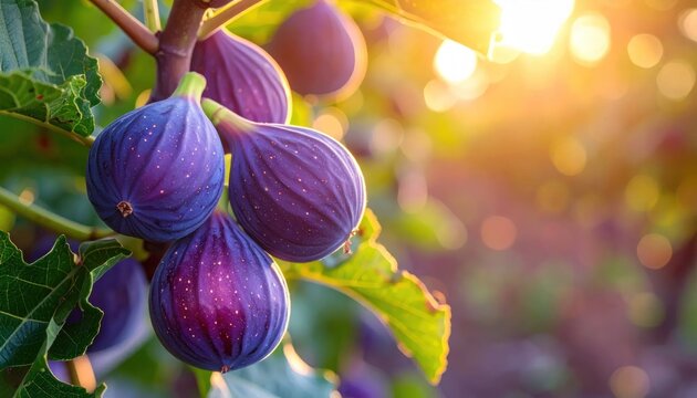 Close-up of ripe purple figs hanging from a tree branch bathed in warm sunlight.