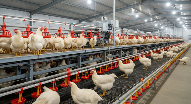 Chickens walk and eat on automated feeding lines inside a large industrial poultry farm with rows of cages and bright lighting.