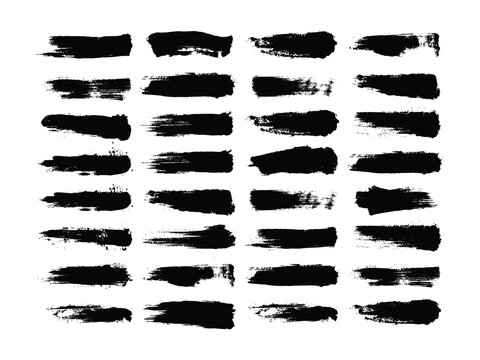 Black grunge rectangle brush stroke set. Ink paint box shapes for censorship bar, redacted text, banner and label design. Distressed vector texture pack on white background.