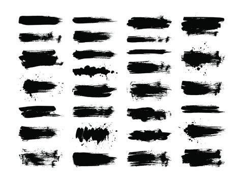Black grunge rectangle brush stroke set. Ink paint box shapes for censorship bar, redacted text, banner and label design. Distressed vector texture pack on white background.