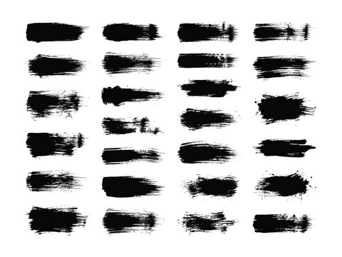 Black grunge rectangle brush stroke set. Ink paint box shapes for censorship bar, redacted text, banner and label design. Distressed vector texture pack on white background.