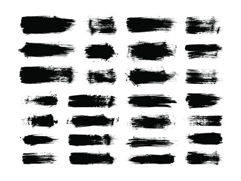 Black grunge rectangle brush stroke set. Ink paint box shapes for censorship bar, redacted text, banner and label design. Distressed vector texture pack on white background.