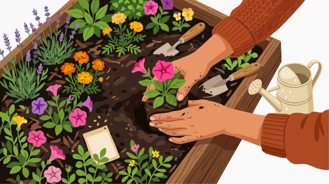 Hands planting a pink petunia flower in a wooden raised garden bed filled with various colorful flowers and plants