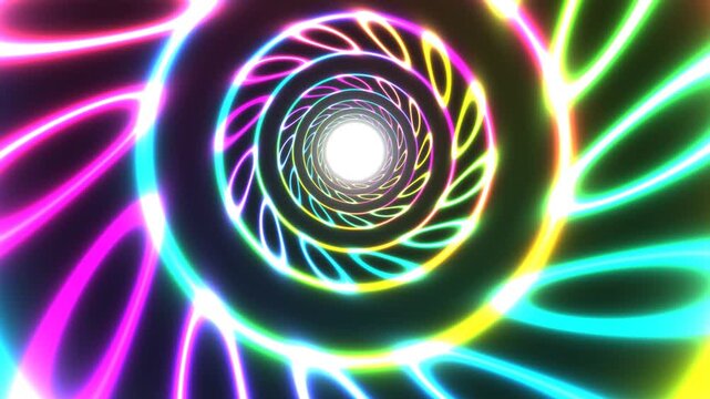 Colorful spiral light tunnel with glowing neon shapes