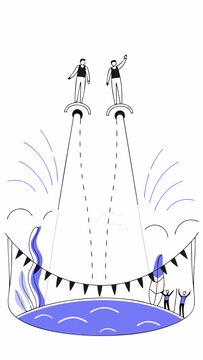 Modern flyboard championship with excitement above a giant mouth backdrop