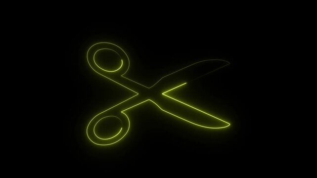 Neon blue scissors icon glowing in darkness for digital interface.4k video.