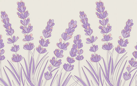 Vector illustration of lilac lavender flowers in a repeating pattern, simple graphic with clean lines, subtle shading and a natural color palette 