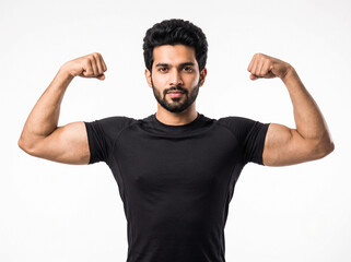 Naklejka premium Young athletic Indian man showing toned arms in a symmetrical double biceps pose wearing a black sports t shirt isolated on white background for fitness campaigns