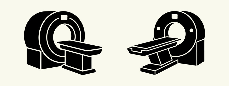 Two mri and ct scan machines vector icons in black on an isolated off-white background depicting advanced medical imaging equipment.