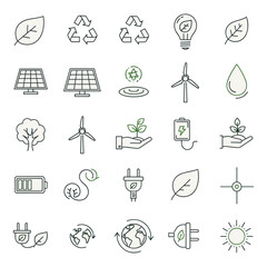 Fototapeta premium Clean line icons for renewable energy and sustainability.