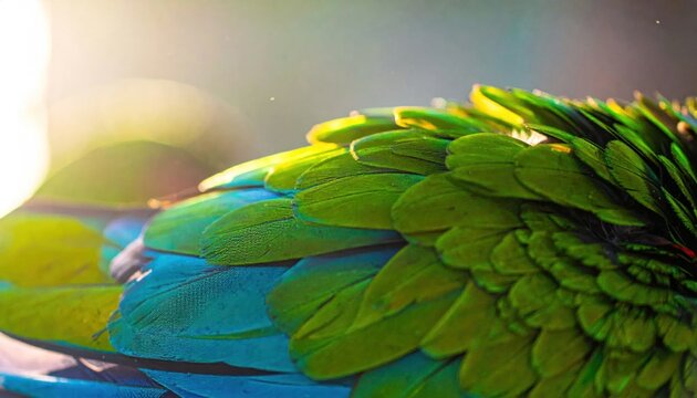 Close-up of Vibrant Green and Blue Parrot Feathers in Sunlight.