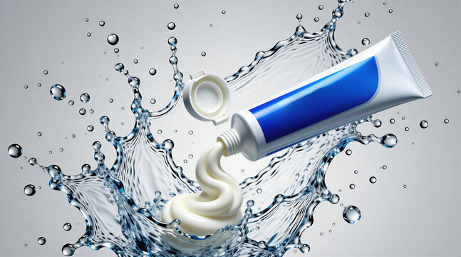 Toothpaste tube dispenses white cream into water splash. Dental hygiene product motion shot with fluid droplets, showing freshness and clean oral care.