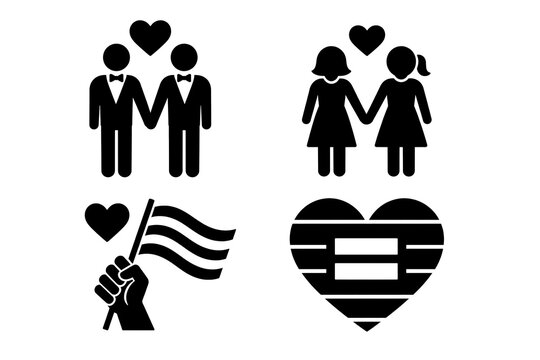 LGBT pride and equality black silhouette icon set, featuring a gay groom couple, a lesbian bride couple, a fist raising a pride flag, and an equality marriage sign inside a heart.