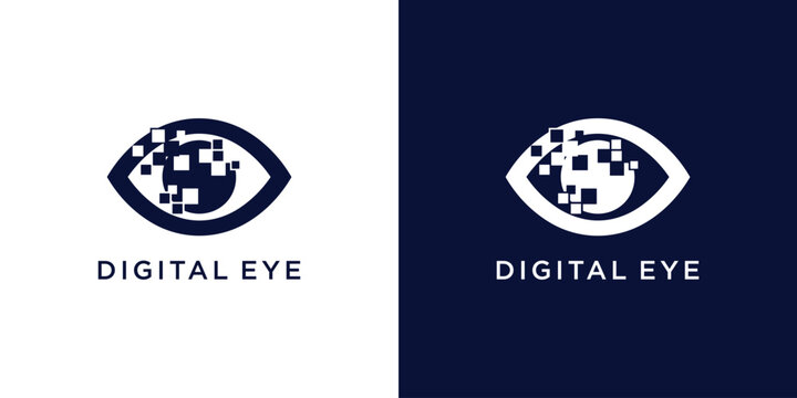 Digital eye logo with pixelated iris design.