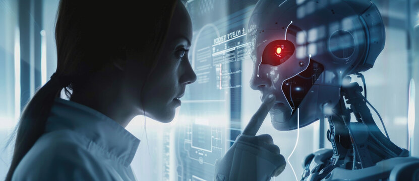 Robotic woman, holographic images of an alien with red eyes