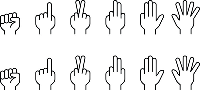 Finger Counting Hand Gestures Icon Set Featuring Minimalist Line Art of Numbers Zero to Five and Fist Symbols for Educational Apps and Interactive Mobile UI Designs