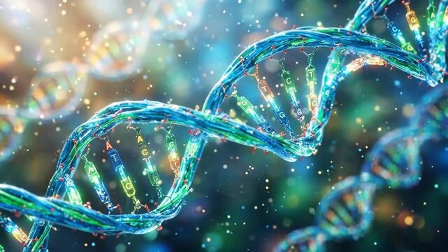 Glowing dna double helix with colorful nucleotide bases. Genetic molecule visualization in biotechnology. Molecular science and research concept