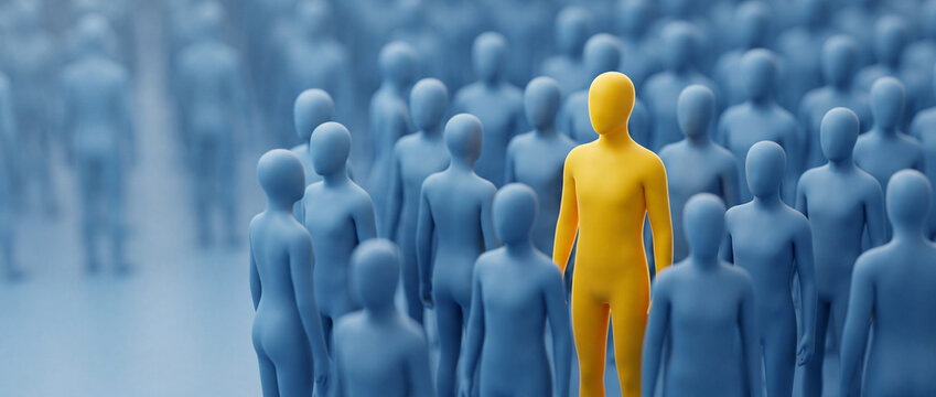 Yellow figure stands out among blue figures Standing out from the crowd, a single yellow figure is distinct among many blue figures in a shallow depth of field, symbolizing individuality