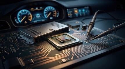 Fototapeta premium Close-up of an automotive semiconductor package on a printed circuit board, with copper traces, bonding wires, an EMI shield can, oscilloscope probes, and a glowing car dashboard module in the