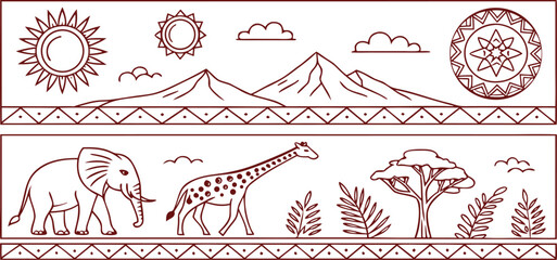 African safari themed illustrations featuring animals, mountains, sun, and traditional patterns in two decorative borders © Sadhin07