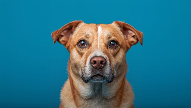 Brown and white mixed breed dog with expressive eyes and short fur, facing forward against a solid blue background, showcasing its features and personality