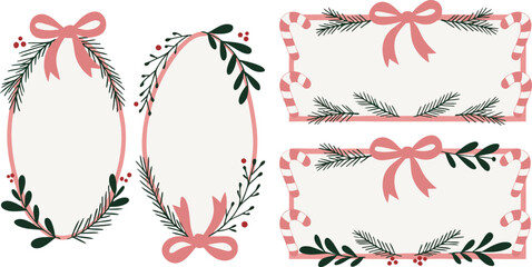 Christmas festive frames with elegant ribbons and winter foliage, vector collection for holiday greetings and designs © Sadhin07