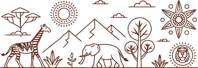 Collection of african safari themed outline illustrations depicting animals, trees, mountains, and sun icons © Sadhin07