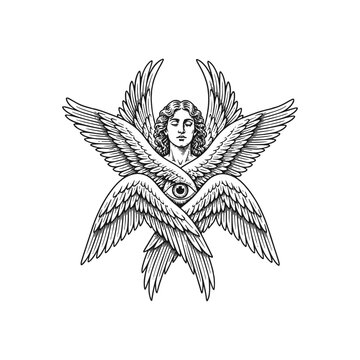 Vector Illustration of seraphim angel with face. Ideal for tattoo, spirituality, religion, fantasy, and occult theme