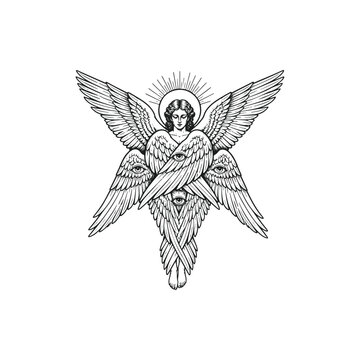 Vector Illustration of seraphim angel black and white. Ideal for tattoo, spirituality, religion, fantasy, and occult theme