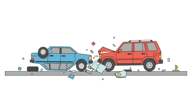Dangerous traffic accident on the road involving a blue sedan and a red SUV, showing shattered glass and debris scattered across the asphalt.