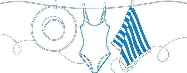 Minimalist blue line art illustration of summer beach essentials hanging on rope for vacation theme © Sadhin07