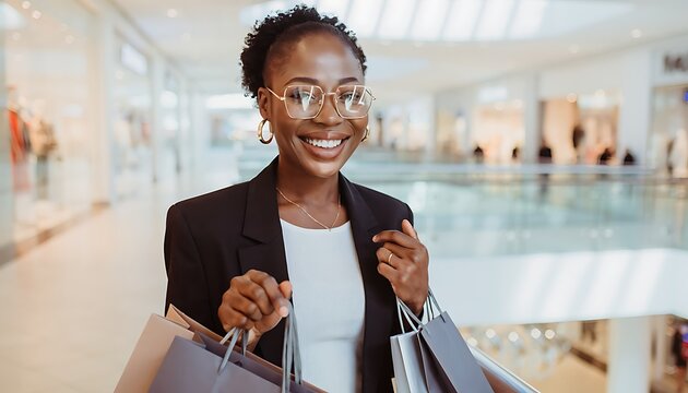 Smiling young lady wearing glass and holding shopping bags in a hands