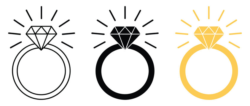 Diamond Ring Icon Set with Jewelry, Luxury, and Sparkle in Outline and Solid Variations for Wedding Invitations, Romantic Themes, Premium Retail, Luxury Branding, Gift Packaging, Mobile Apps, and Mode